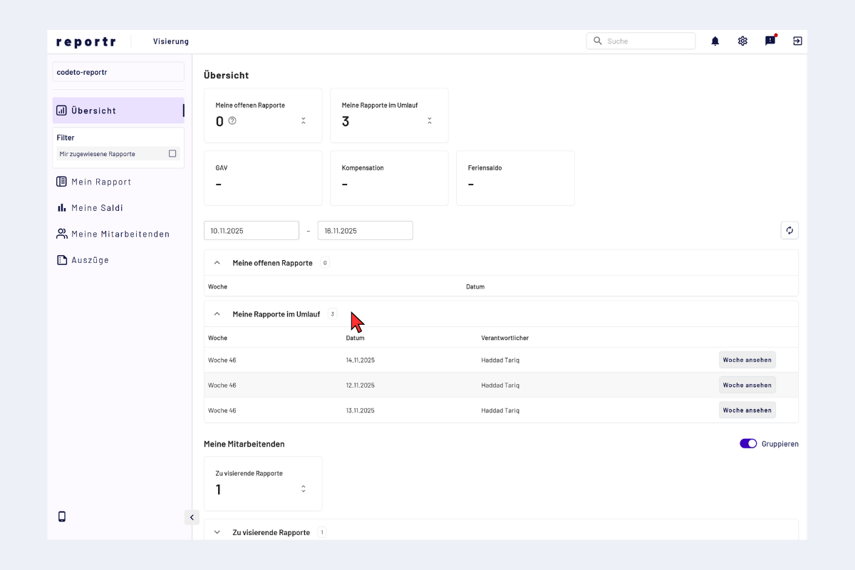 Übersichtsbereich Vorgesetzte – ausgeklappt