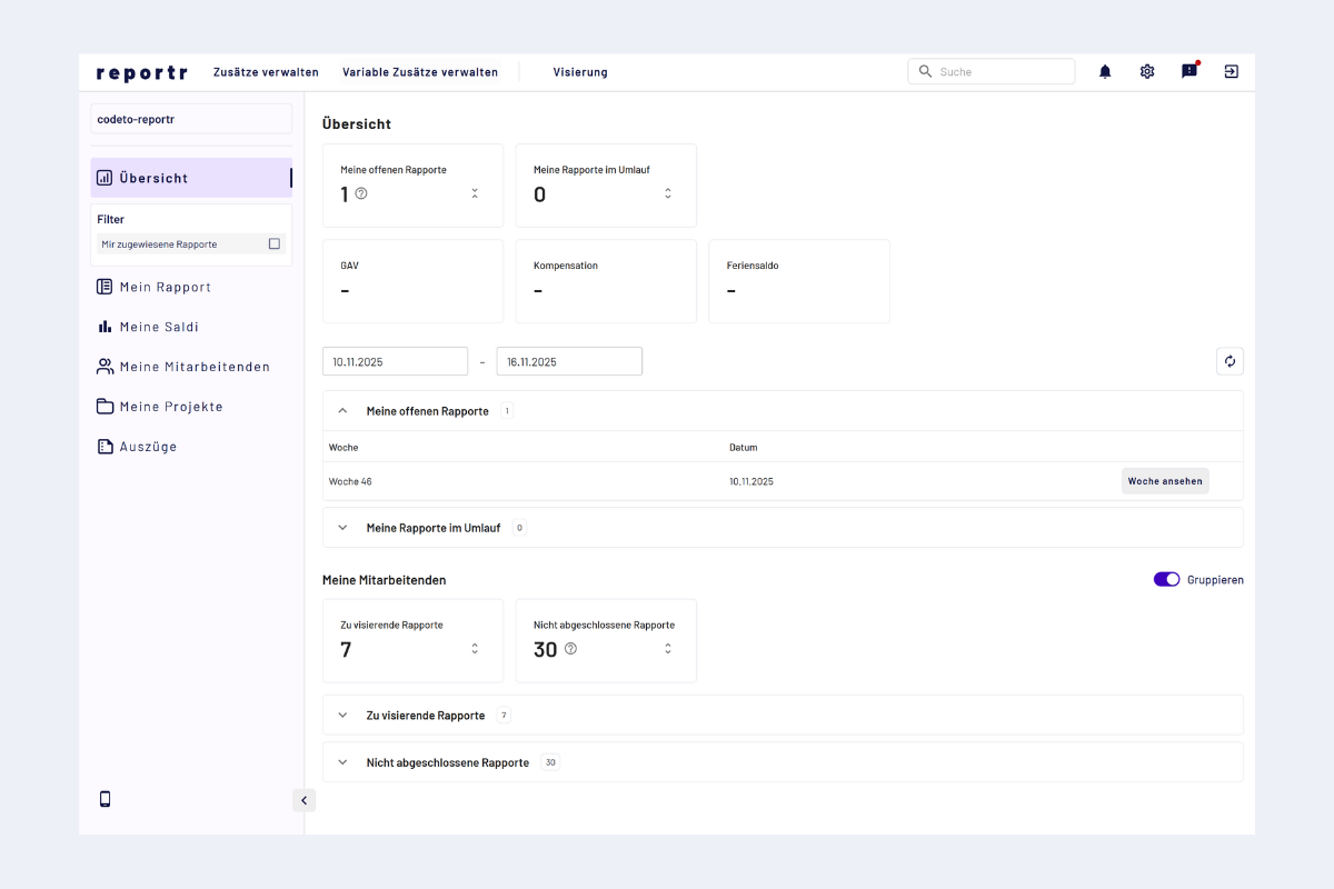 Startseite aus Sicht Master/Admin